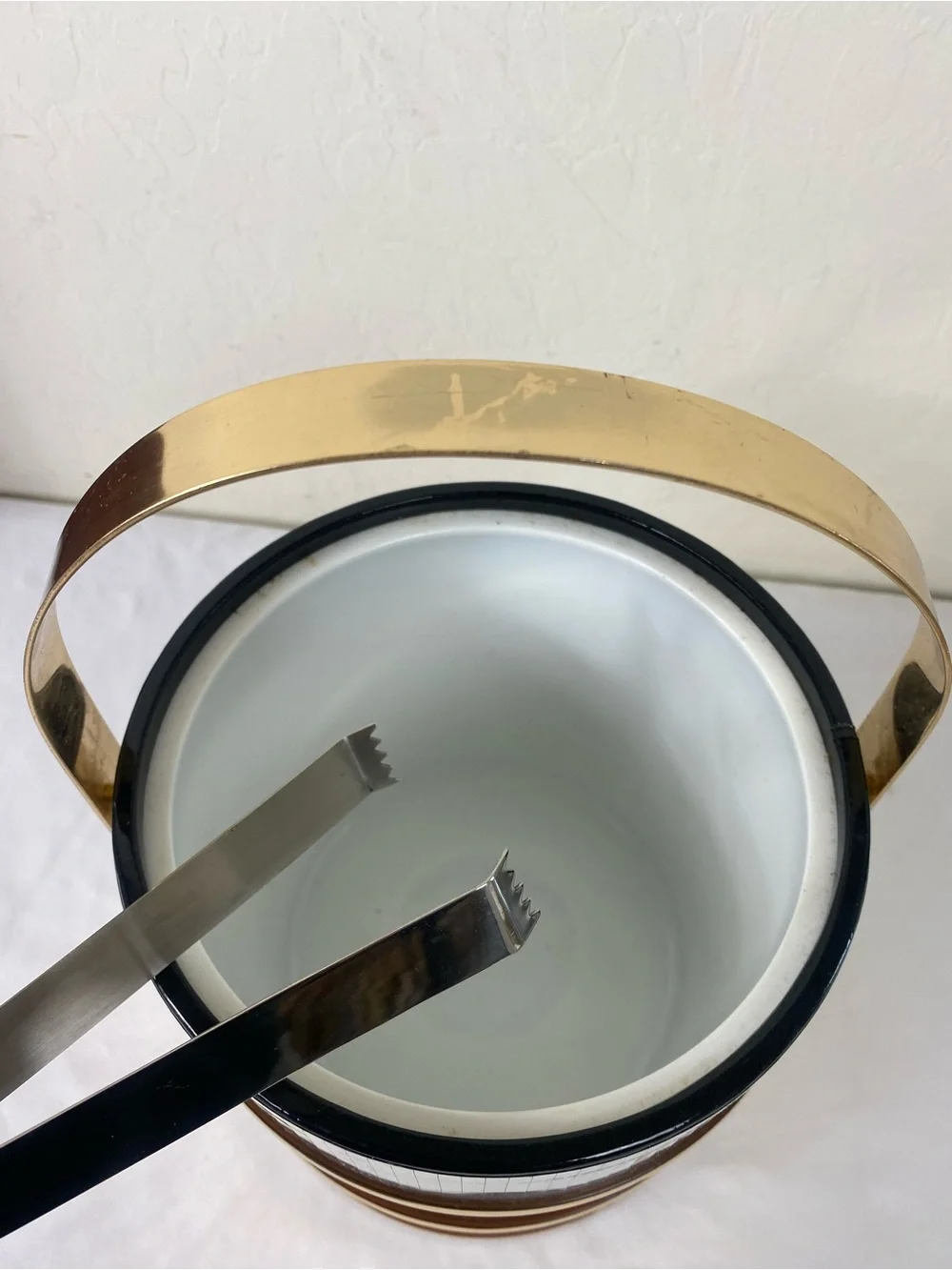 Vintage 1970s Disco ball Gold & Black Vintage Ice Bucket with Handle and tongs